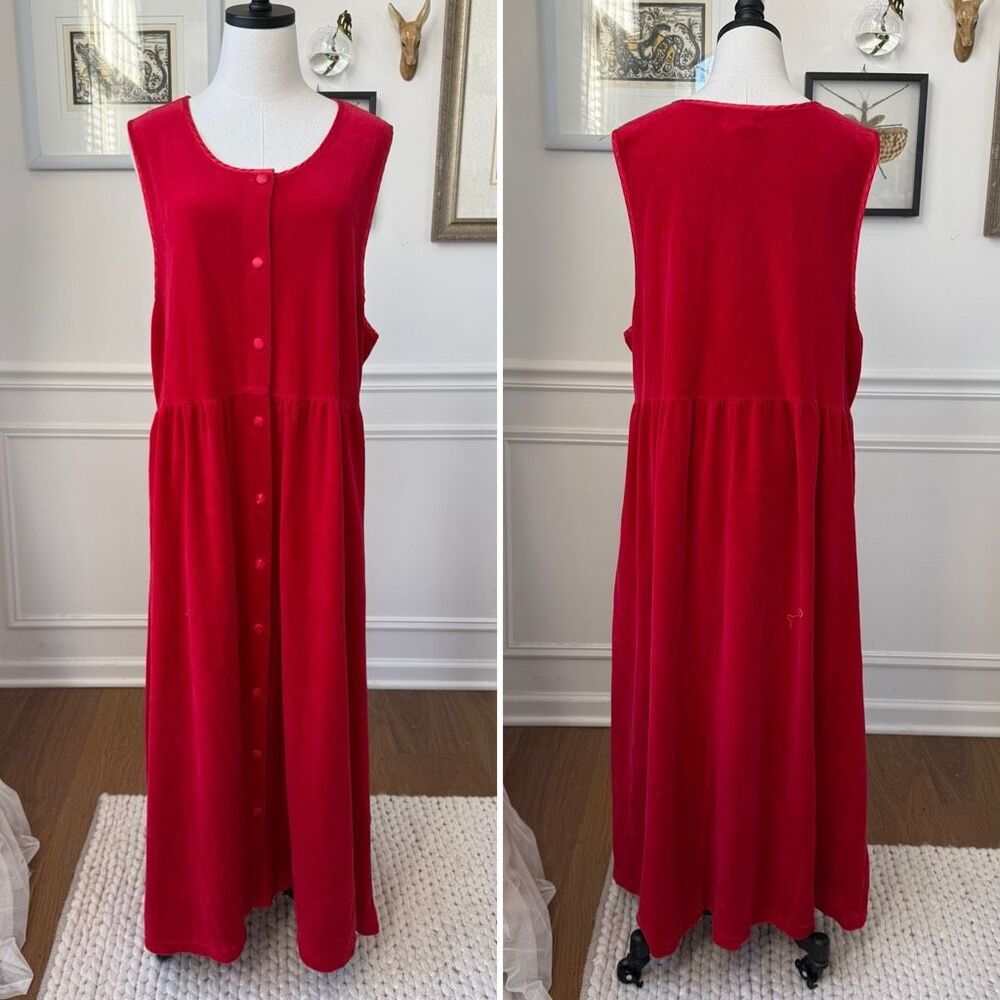 Vintage 80s Fads Red Velour Button Front Jumper Dress 1X